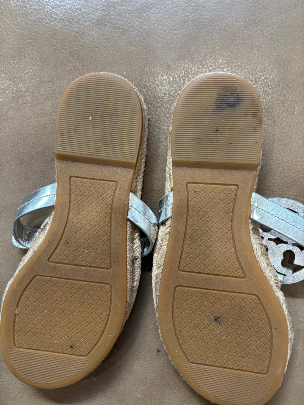 Tory Burch Metallic Silver Logo Rope-Trim Thong Sandals